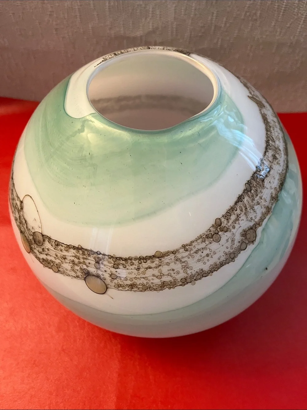 Hand-Blown Glass Orb Vase in Mint Green, brown and White 8”H